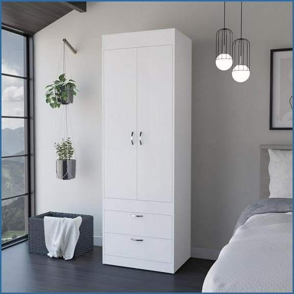 Armoires with Two Drawers & Hanging Rod, White Finish | White | Particle Board