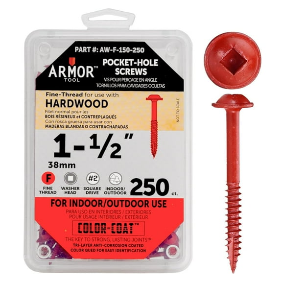 Armor 1-1/2" Fine Thread Pocket Hole Screws with Color Coat Technology for Indoor/Outdoor Use (250 Count)