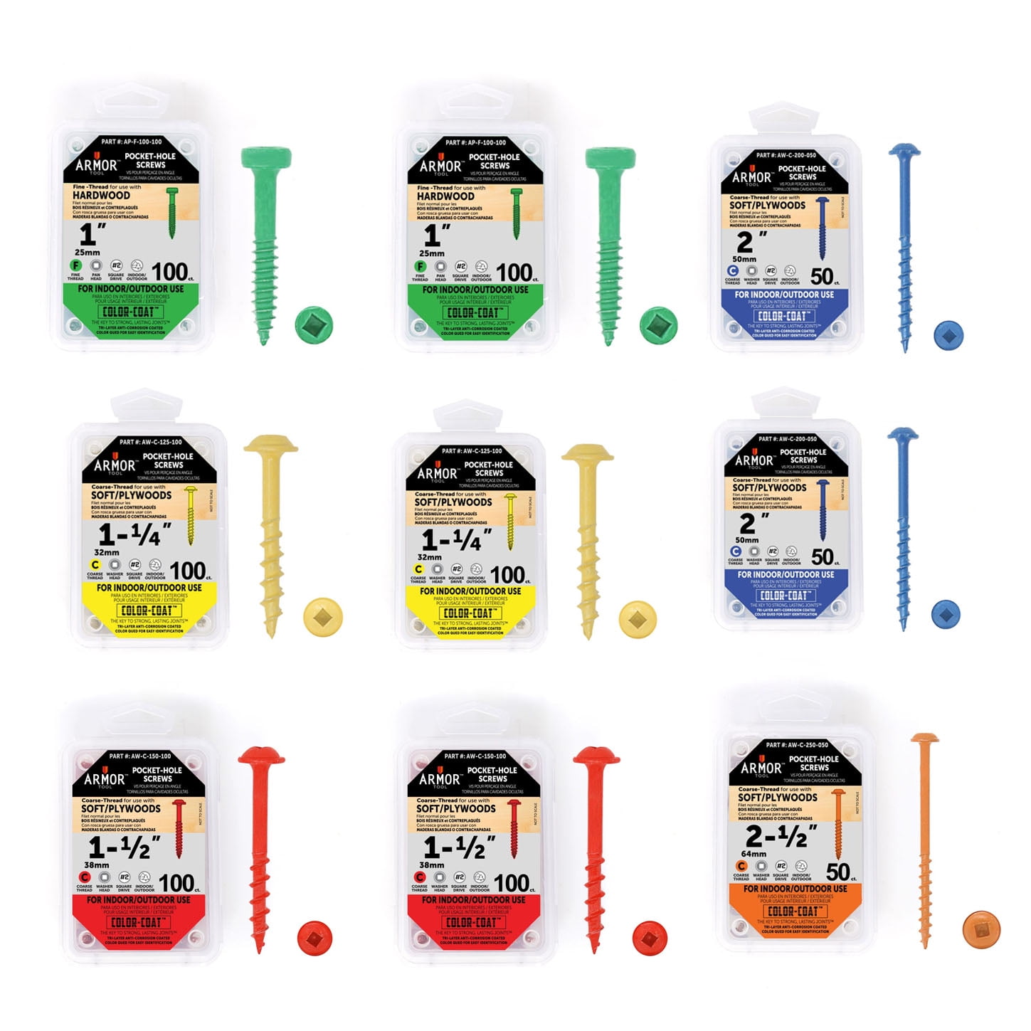 Armor 750 Count Color Coated Square Head Pocket Hole Screw Set for Various Wood Types - A-750-CF