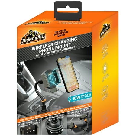 Armor All 10W Wireless Charging QI-Enabled Gooseneck Cup Holder Phone Mount, Adjustable Mount, Easily Fits Any Compatible Phone