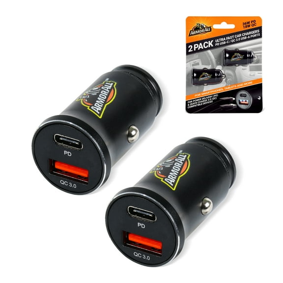 Armor All 2 Pack 36W PD / 18W QC Ultra-Fast Car Chargers with PD USB-C and QC 3.0 USB-A Ports