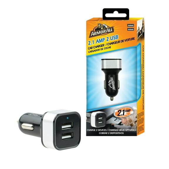 Armor All 2-Port Car Charger, Powers Up Two Devices Simultaneously, Built-In LED Light, 2.1 Amp