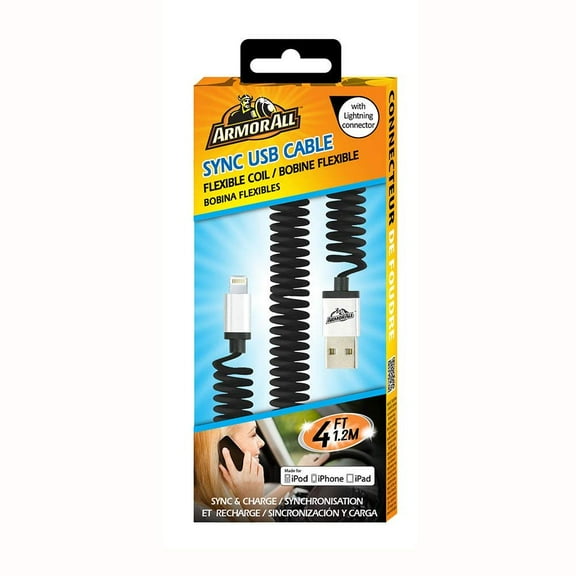 Armor All 4 ft. Smartphone Charging USBA to 8-Pin Flexible Coil Cable, Sync and Charge