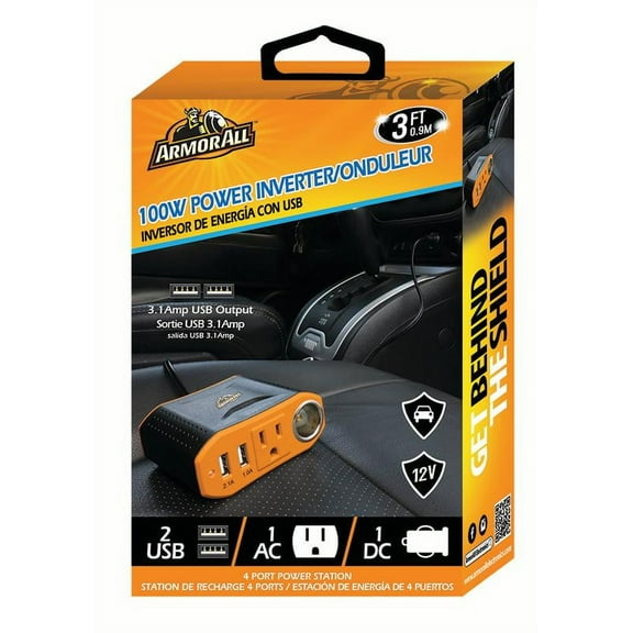 Armor All API8-1002-BLK 12V 100-Watt Surge Power Inverter with 4 Ports for Car