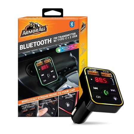 Armor All Bluetooth FM Transmitter and Car Charger with Type-C and Dual USB-A Ports for Hands-Free Calls and USB/SD/Aux Audio Playback