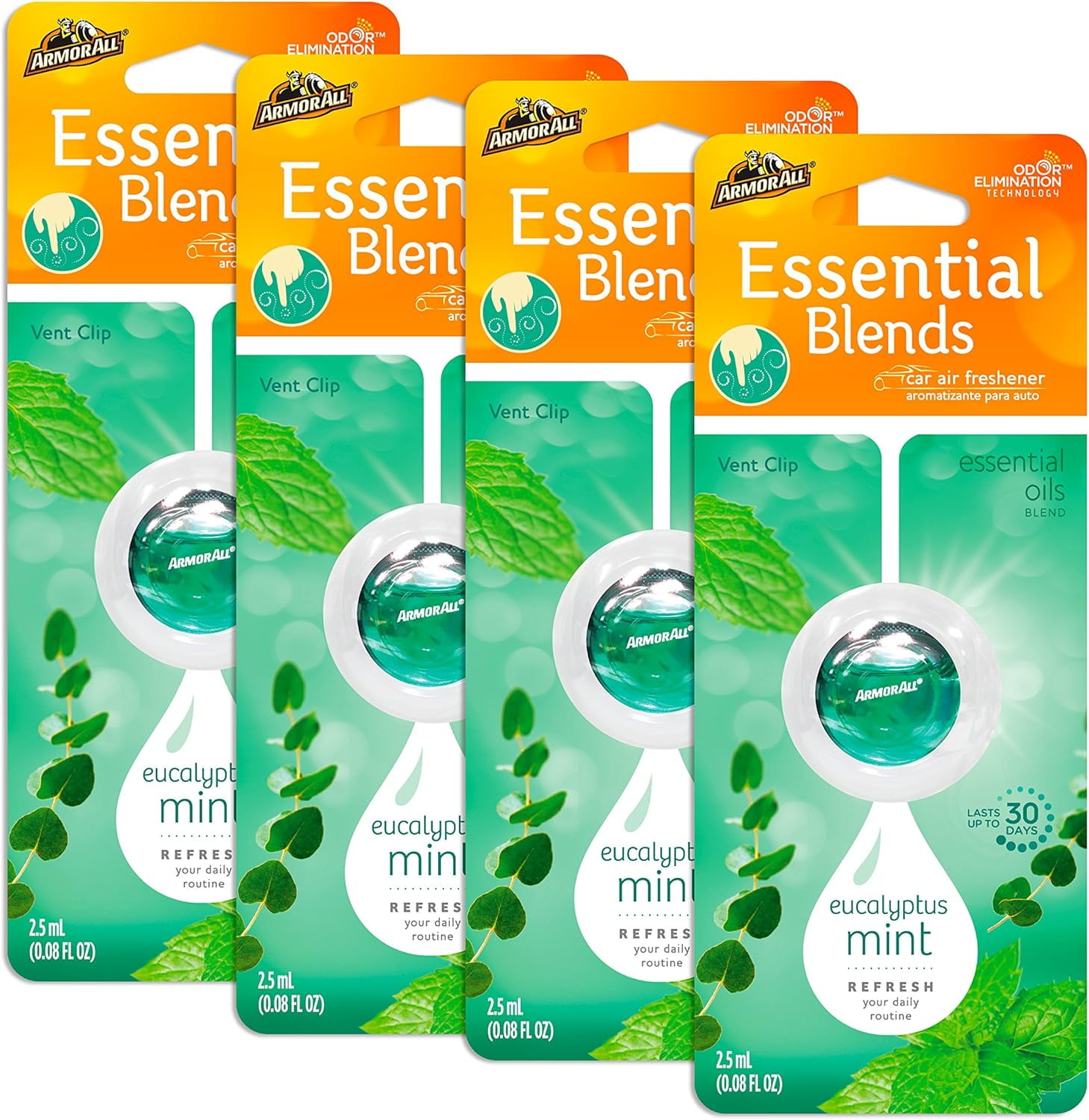 Armor All Car Air Freshener and Purifier - Odor Eliminator for Cars & Truck, Eucalyptus Mint, 0.08 Fl Oz Vent Clip, Pack of 4
