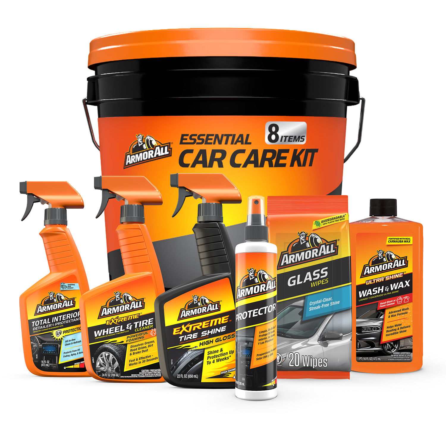 Armor All Car Cleaning Kit for Car Detailing, 8-Piece Car Wash Bucket Set with Glass Wipes, Interior Detailer, Wash & Wax, Tire Cleaner & Protectant