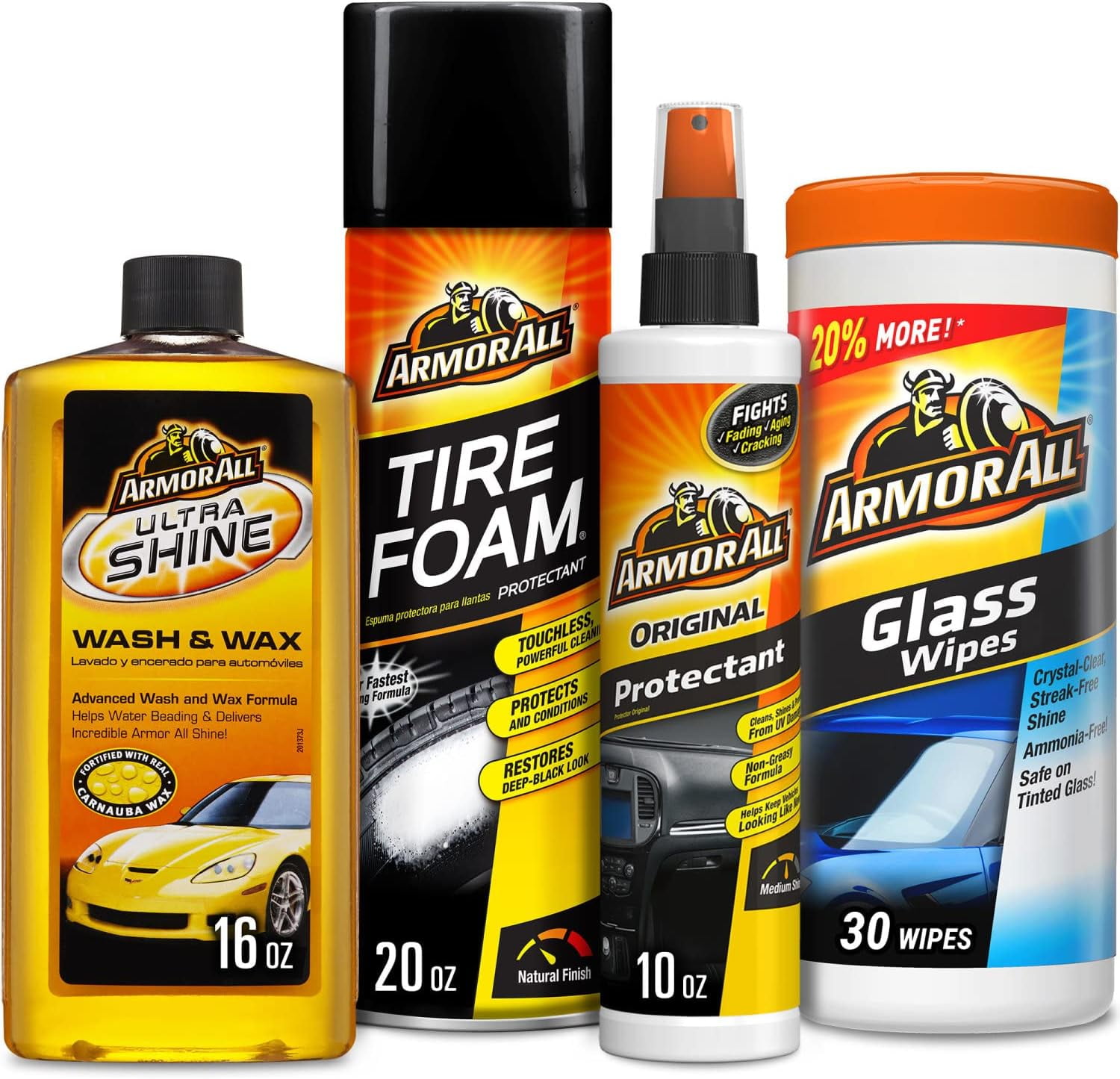 DANTE PRODUCTS Armor All Car Wash and Cleaner Kit (4 Items) - 2pc Glass Wipes & Protectant with Wax & Wash Soap and Tire Shine Foam, 13703C