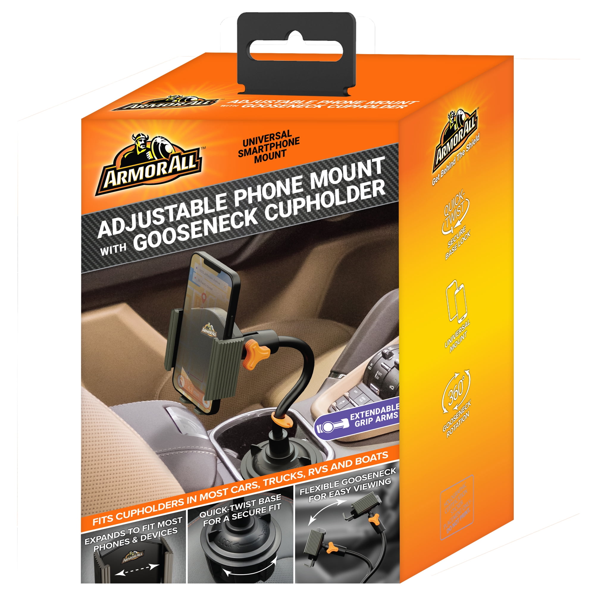 Armor All Cup Holder Gooseneck Mobile Mount, Elastic and Expandable Design,  Ideal For Hands-Free Calls and GPS Directions Works with iPhone, Samsung  Galaxy, Android, Samsung, Google Phones 