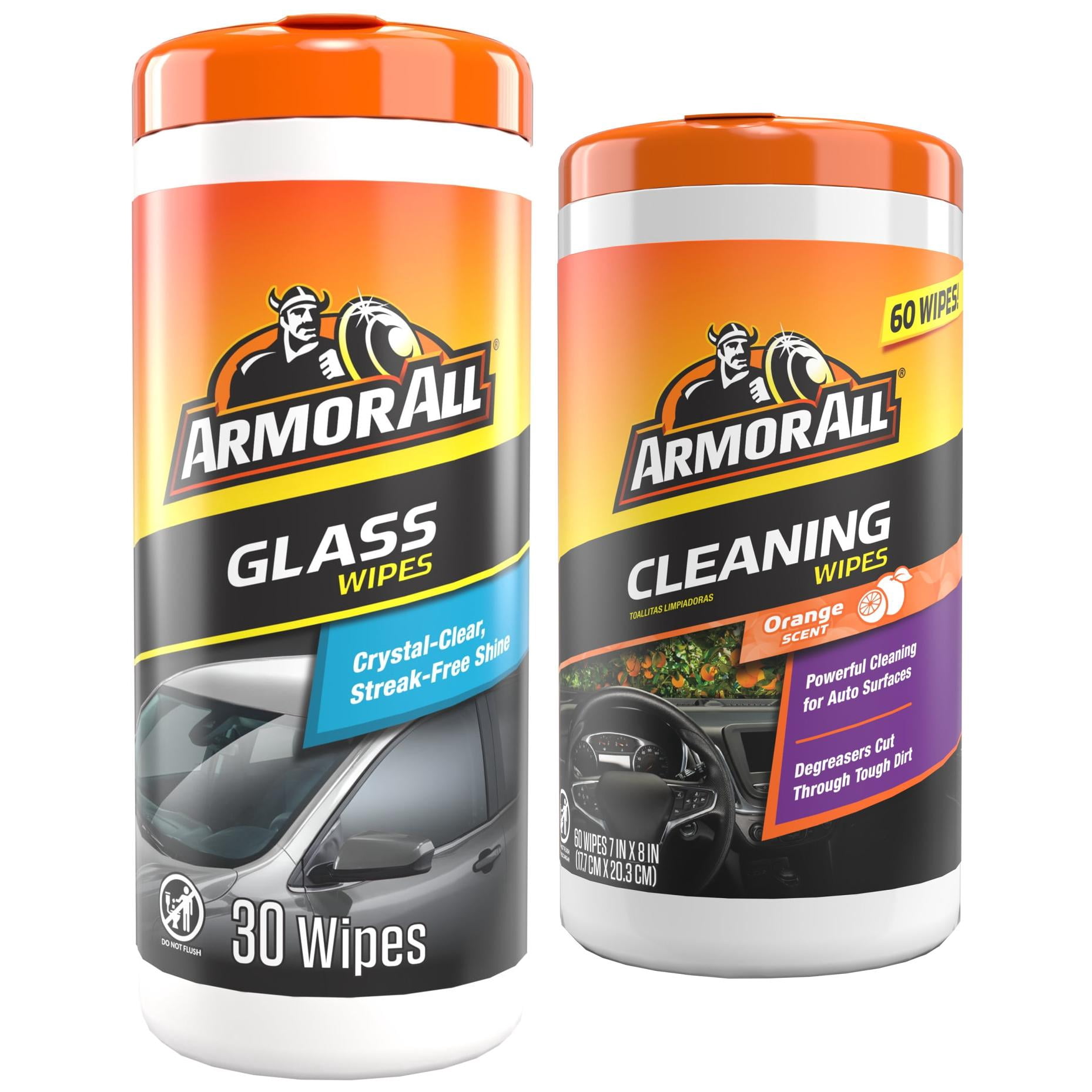 Armor All Interior Car Cleaning Wipes Bundle, Glass Cleaner Wipes 30 Count and Orange Scent Interior Wipes 60 Count
