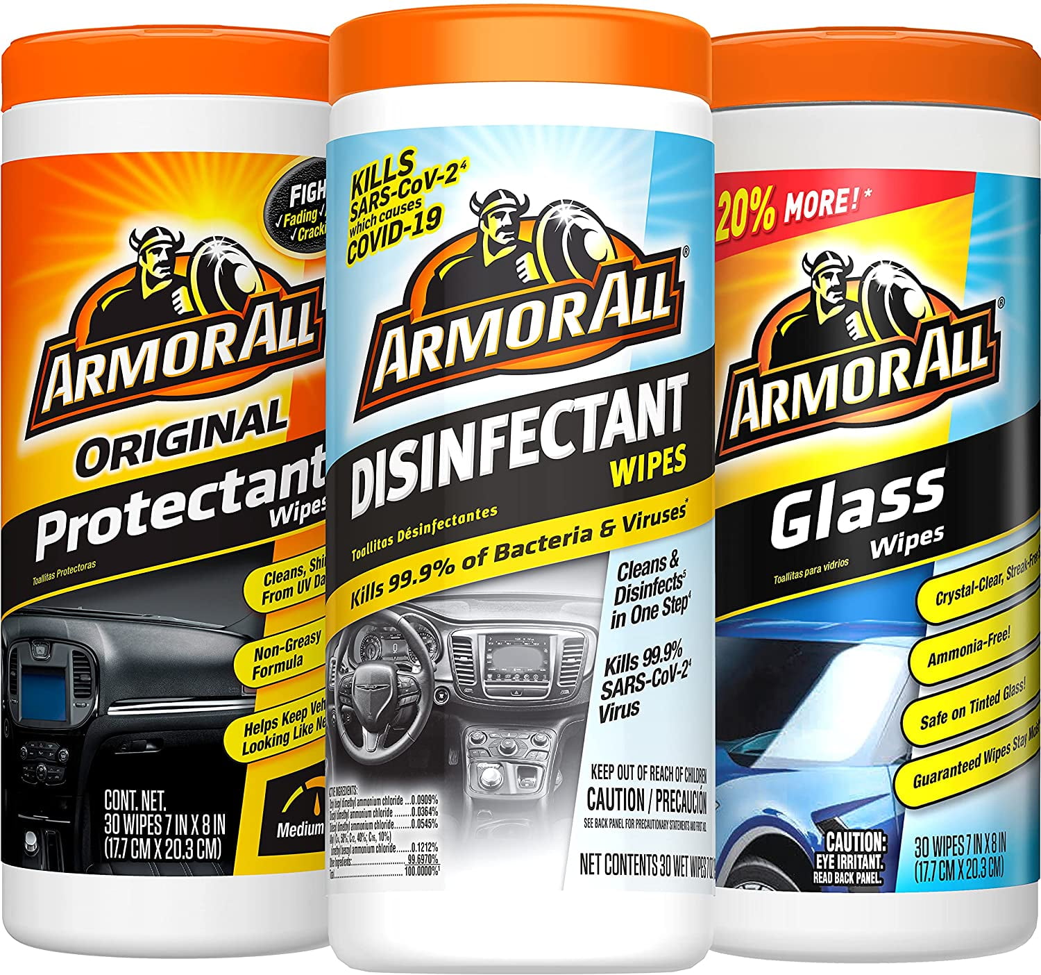 Armor All Protectant Wipes, Disinfectant Wipes, Glass Cleaner Wipes Variety Pack