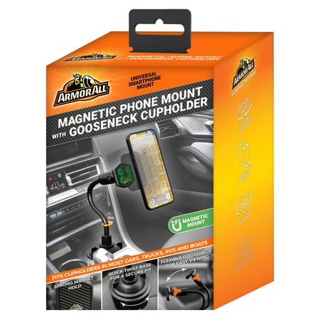 Armor All Universal Magnet Phone Mount With Gooseneck Cupholder, Turns 360 Degrees, Twist to Lock, Magnetic Strong Plate