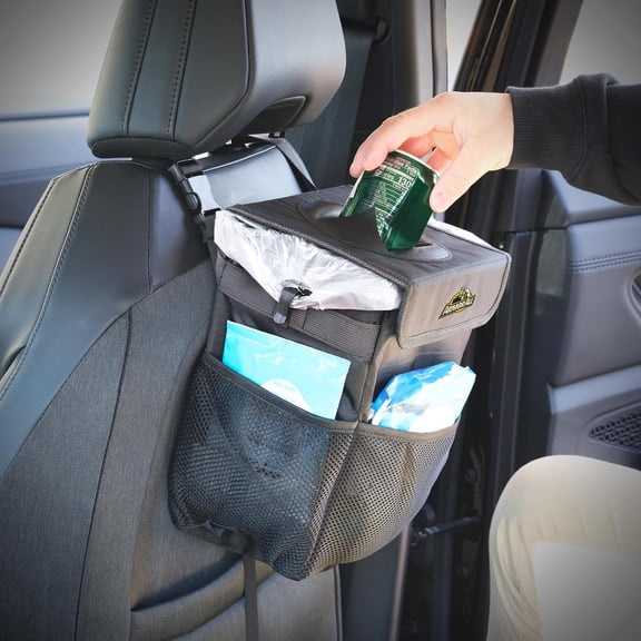 Armor All Car Trash Can & Organizer, 2.63 Gallon Waterproof Covered Garbage Bin, 3 Mesh Pockets, Collapsible for Easy Storage, Adjustable Strap & Hook for Backseat Hanging.