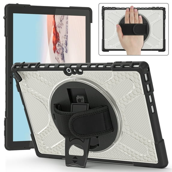 Armor Case Designed for Microsoft Surface Pro 7 Plus 12.3 inch, Pro 7, Pro 6, Pro 5, Pro 4, with Hand Strap Heavy Duty Protection Kickstand Shockproof Military Drop Tested Rugged Case (Clear)