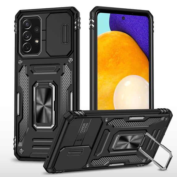 Armor Case for Samsung Galaxy A53 5G, Sliding Lens Camera Cover Protection Ring Kickstand Compatible with Magnetic Car Mount Holder Military Grade Hybrid Rugged PC Soft TPU Shockproof Case, Black