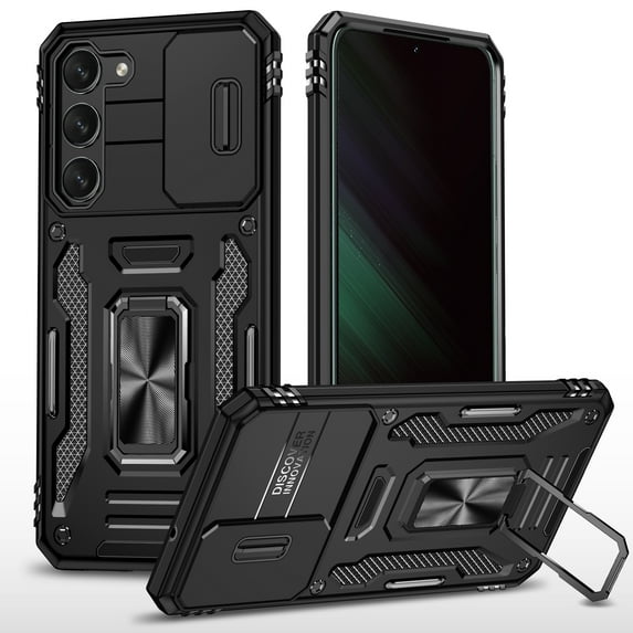Armor Case for Samsung Galaxy S22, Sliding Lens Camera Cover Protection Ring Kickstand Compatible with Magnetic Car Mount Holder Military Grade Hybrid Rugged PC Soft TPU Shockproof Case,Black