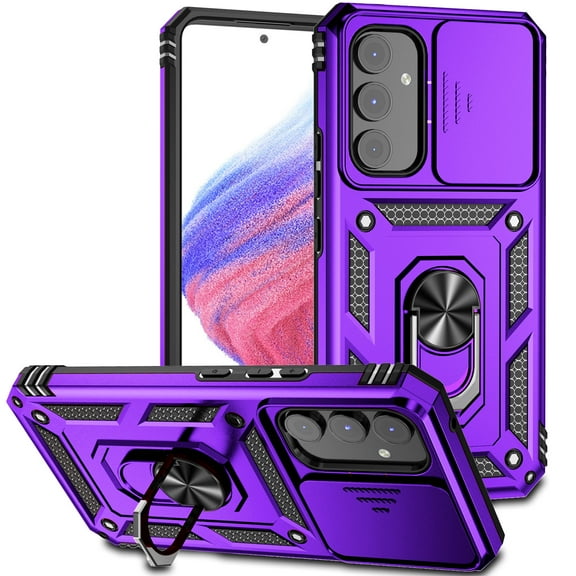 Armor Case for Samsung Galaxy S24 FE with Camera Lens Sliding Cover & Ring Stand & Support Magnetic Car Mount, Military Grade Shockproof Heavy Duty Protective Case for Galaxy S24 FE, Purple