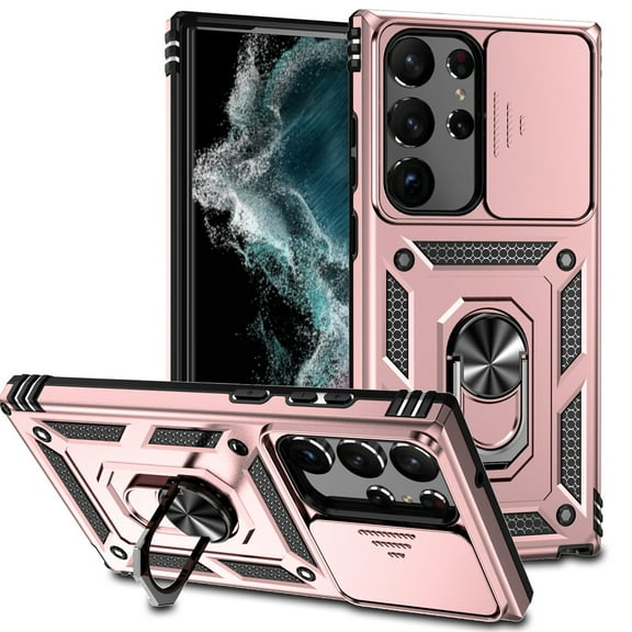 Armor Case for Samsung Galaxy S25 Ultra with Camera Lens Sliding Cover & Ring Stand & Support Magnetic Car Mount, Military Grade Shockproof Heavy Duty Protective Case for Galaxy S25 Ultra, Rosegold