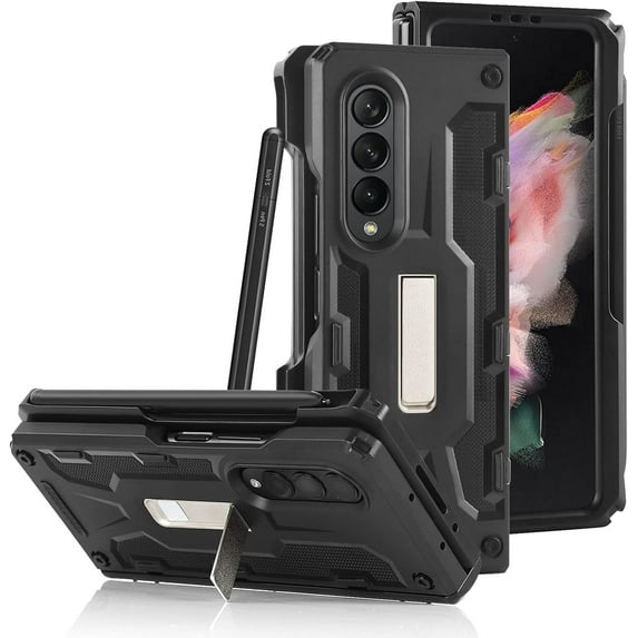 Armor Case for Samsung Galaxy Z Fold 3 5G Phone Case,with Built-in S Pen Holder,Magnetic Kickstand Carbon Fiber Anti-Drop Protective Case for Galaxy Z Fold 3 5G 2021,Black