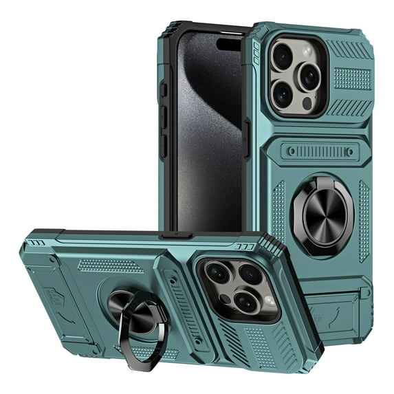 Armor Case for iPhone 13 Pro Heavy Duty Kickstand Case with Rotate Ring Stand & Card Holder Slot,Support Magnetic Car Mount Shockproof Rugged Back Phone Case For iPhone 13 Pro, Green