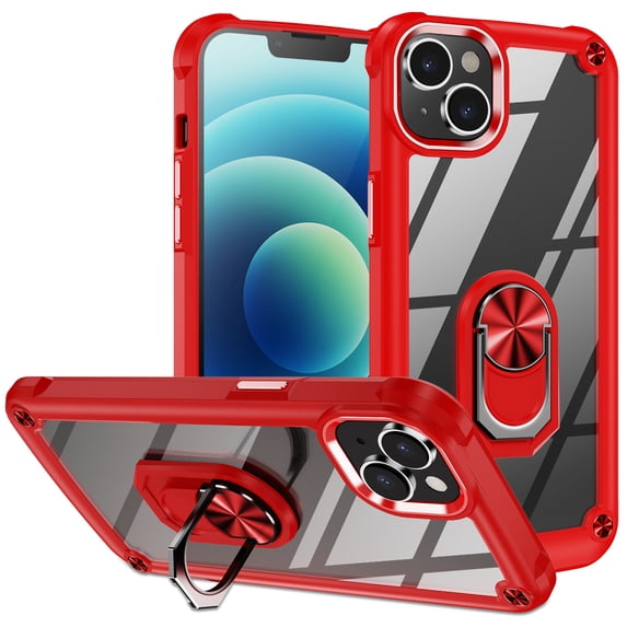 Armor Case for iPhone 14, Adjustable Kickstand & Military Grade Shockproof Heavy Duty Protective Ring Holder Clear PC Back & TPU Frame for iPhone 14 6.1 inch, Red