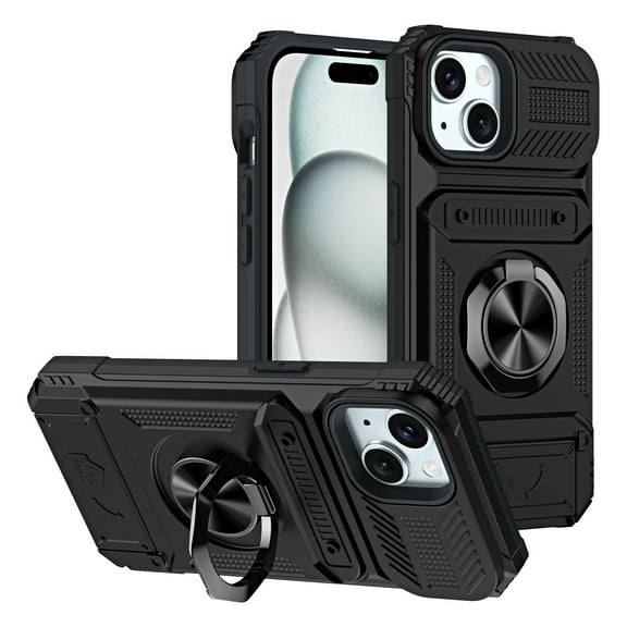 Armor Case for iPhone 14 Heavy Duty Kickstand Case with Rotate Ring Stand & Card Holder Slot,Support Magnetic Car Mount Shockproof Rugged Back Phone Case For iPhone 14, Black