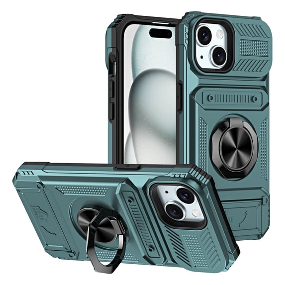 Armor Case for iPhone 14 Plus Heavy Duty Kickstand Case with Rotate Ring Stand & Card Holder Slot,Support Magnetic Car Mount Shockproof Rugged Back Phone Case For iPhone 14 Plus, Green