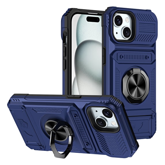 Armor Case for iPhone 14 Plus Heavy Duty Kickstand Case with Rotate Ring Stand & Card Holder Slot,Support Magnetic Car Mount Shockproof Rugged Back Phone Case For iPhone 14 Plus, Blue