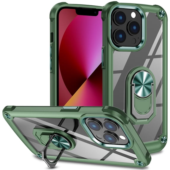 Armor Case for iPhone 14 Pro, Adjustable Kickstand & Military Grade Shockproof Heavy Duty Protective Ring Holder Clear PC Back & TPU Frame for iPhone 14 Pro 6.1 inch, Armygreen