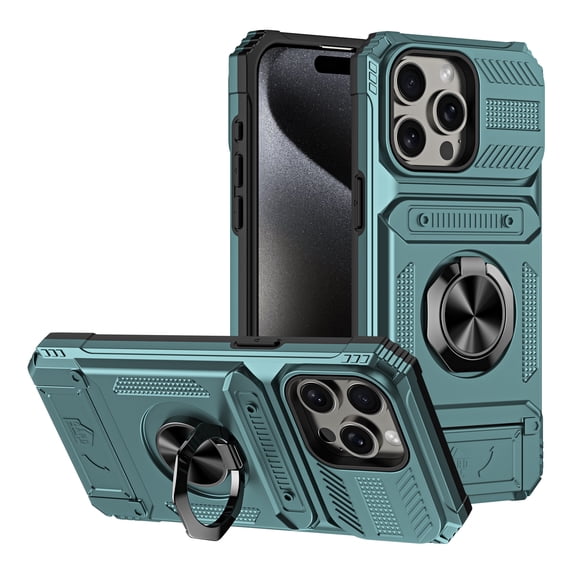 Armor Case for iPhone 15 Pro Heavy Duty Kickstand Case with Rotate Ring Stand & Card Holder Slot,Support Magnetic Car Mount Shockproof Rugged Back Phone Case For iPhone 15 Pro, Green