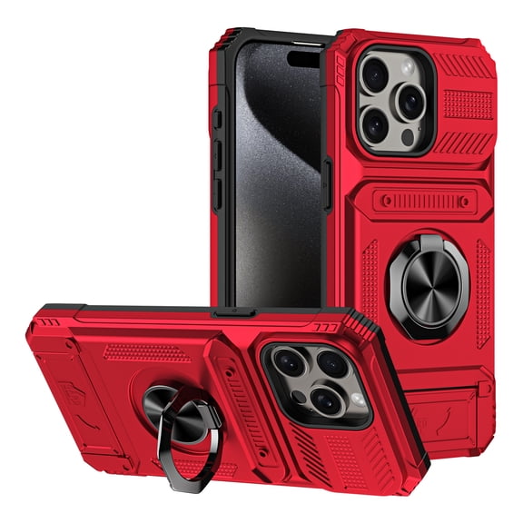 Armor Case for iPhone 15 Pro with Hidden Credit Card Slot Ring Stand [360° Rotatable Ring Holder Magnetic Kickstand][Support Car Mount]Shockproof Phone Case For iPhone 15 Pro, Red