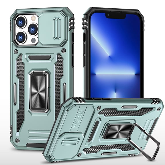 Armor Case for iPhone 16 Plus with Sliding Camera Cover & Kickstand, Heavy Duty Military Grade Protection Phone Case, Built-in 360° Rotate Ring Stand, Shockproof Full Body Rugged Case, Darkgreen