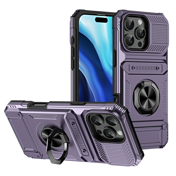 Armor Case for iPhone 16 Pro Max Heavy Duty Kickstand Case with Rotate Ring Stand & Card Holder Slot,Support Magnetic Car Mount Shockproof Rugged Back Case For iPhone 16 Pro Max,Violet