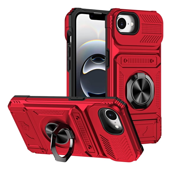 Armor Case for iPhone 16e with Hidden Credit Card Slot [360° Rotatable Ring Holder Stand Magnetic Kickstand][Support Car Mount]Shockproof Phone Case For iPhone 16e,Red