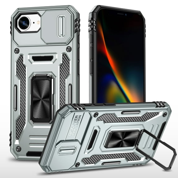 Armor Case for iPhone 16e with Sliding Camera Cover & Kickstand, Heavy Duty Military Grade Protection Phone Case, Built-in 360° Rotate Ring Stand, Shockproof Full Body Rugged Case, Gray