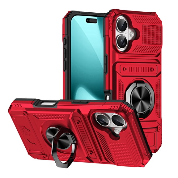Armor Case for iPhone 17 with Hidden Credit Card Slot [360° Rotatable Ring Holder Stand Magnetic Kickstand][Support Car Mount]Shockproof Phone Case For iPhone 17,Red