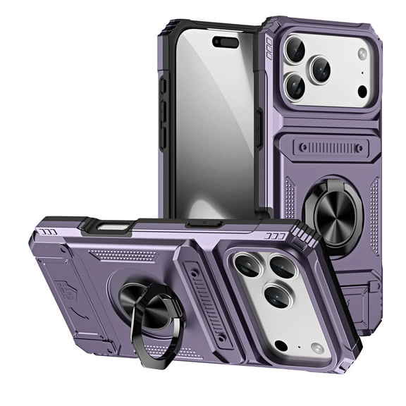 Armor Case for iPhone 17 Pro with Hidden Credit Card Slot [360° Rotatable Ring Holder Stand Magnetic Kickstand][Support Car Mount]Shockproof Phone Case For iPhone 17 Pro,Violet