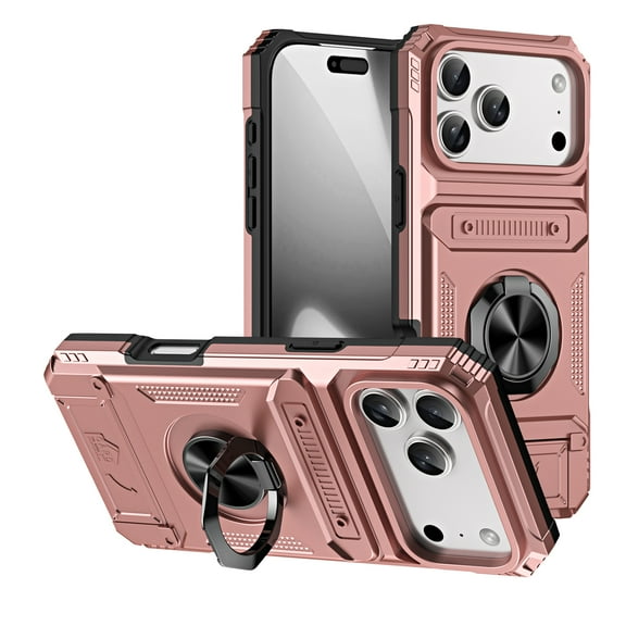 Armor Case for iPhone 17 Pro with Hidden Credit Card Slot [360° Rotatable Ring Holder Stand Magnetic Kickstand][Support Car Mount]Shockproof Phone Case For iPhone 17 Pro,Rosegold
