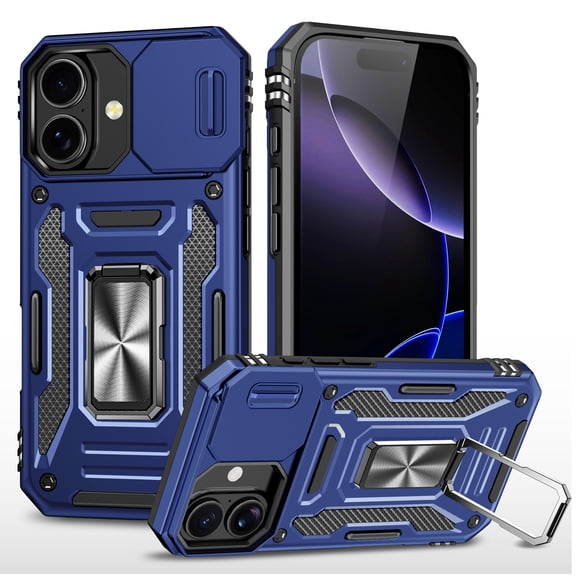 Armor Case for iPhone 17 with Sliding Camera Cover & Kickstand, Heavy Duty Military Grade Protection Phone Case, Built-in 360° Rotate Ring Stand, Shockproof Full Body Rugged Case, Navyblue