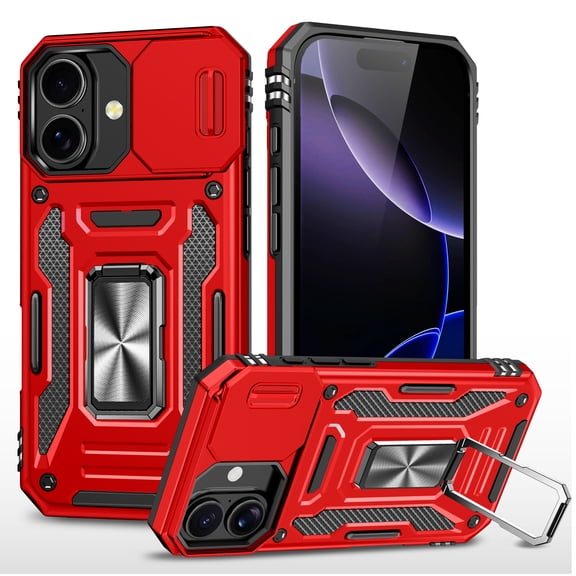 Armor Case for iPhone 17 with Sliding Camera Cover & Kickstand, Heavy Duty Military Grade Protection Phone Case, Built-in 360° Rotate Ring Stand, Shockproof Full Body Rugged Case, Red