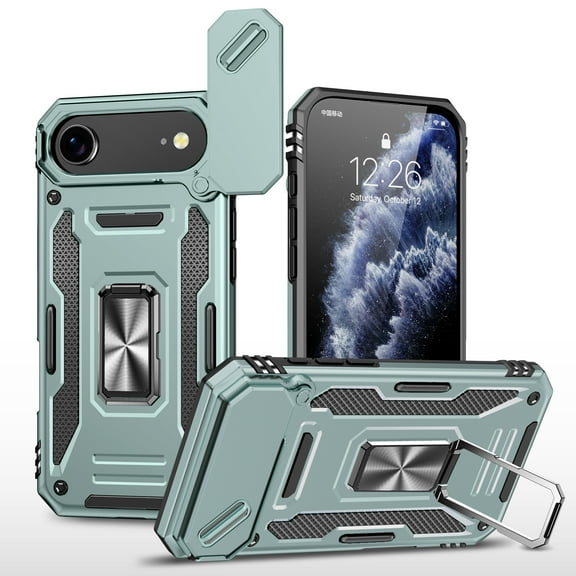 Armor Case for iPhone Air with Sliding Camera Cover & Kickstand, Heavy Duty Military Grade Protection Phone Case, Built-in 360° Rotate Ring Stand, Shockproof Full Body Rugged Case, Darkgreen