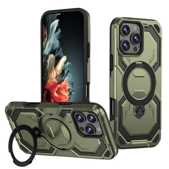 Armor Designed for iPhone 15 Plus / iPhone 14 Plus Magnetic Case, Rugged Shockproof, with 360 Rotate Ring Kickstand, Hard Anti-Drop Heavy Duty Protection Hybrid Phone Case Cover, Green