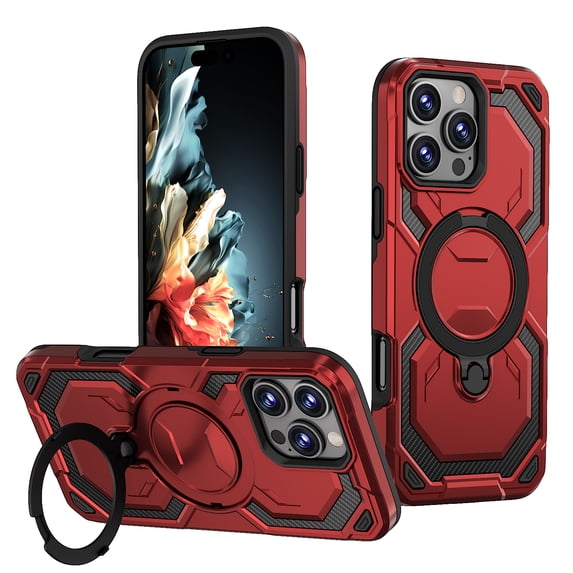 Armor Designed for iPhone 15 Plus / iPhone 14 Plus Magnetic Case, Rugged Shockproof, with 360 Rotate Ring Kickstand, Hard Anti-Drop Heavy Duty Protection Hybrid Phone Case Cover, Red