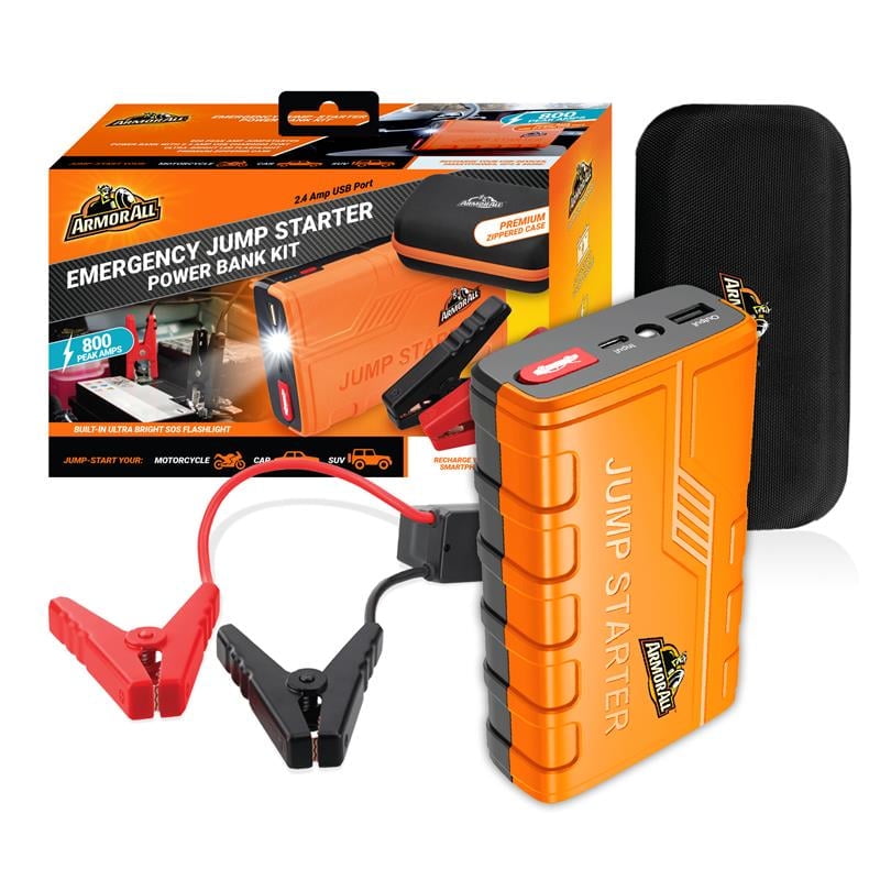 Armor All Emergency Jump Starter Power Bank Kit, 800A Peak Amps, Ultra-Bright LED Flashlight, USB Charger, Portable Car Battery Booster with Premium Carry Case