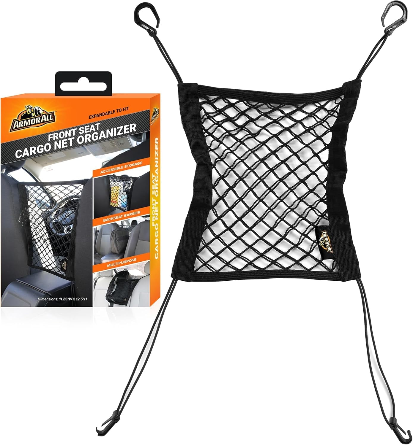 Armor All Front Seat Cargo Net Organizer, Super-Durable Expandable Nylon Material, Attaches to Headrest Post, Stretchable Net Car Organizer with Mesh Pocket, Universal Fit, Accessible Storage