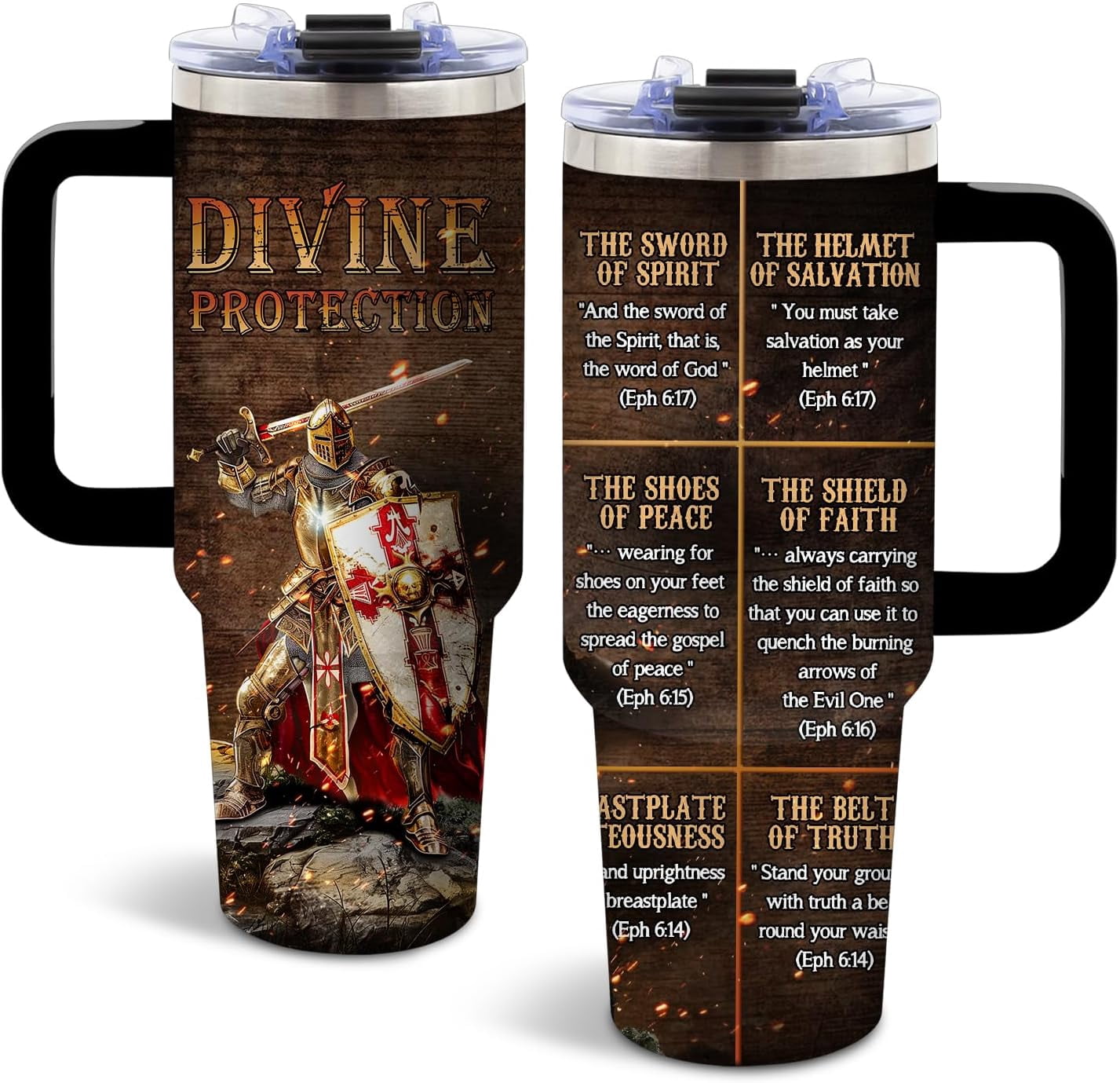 Armor of God Tumbler 40 Oz, Inspirational Christian Design, Stainless Steel Insulated Mug with Bible Verse, Christmas Gift for Religious Individuals, Spiritual Seekers, and Fantasy Fans