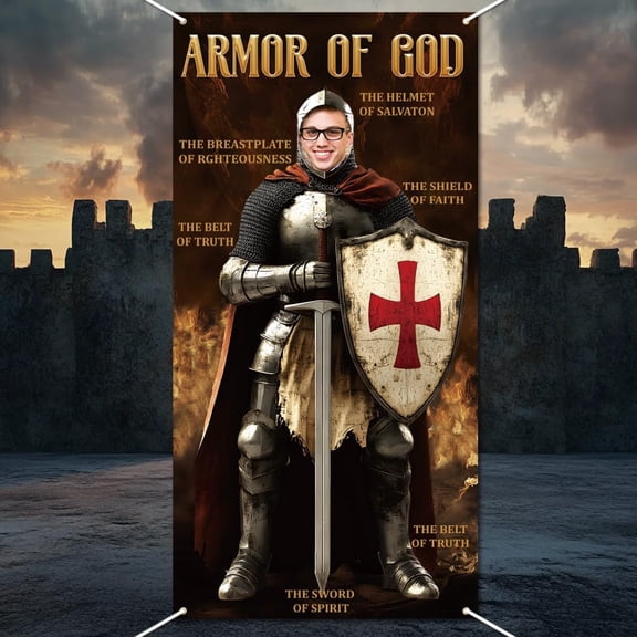 Armor Knight Photo Door Banner 2.9x5.9 Ft Bible Knight Party Photography Backdrop Large Fabric Medieval Theme Face in Hole Hanging Door Cover Banner with Rope for Medieval Party
