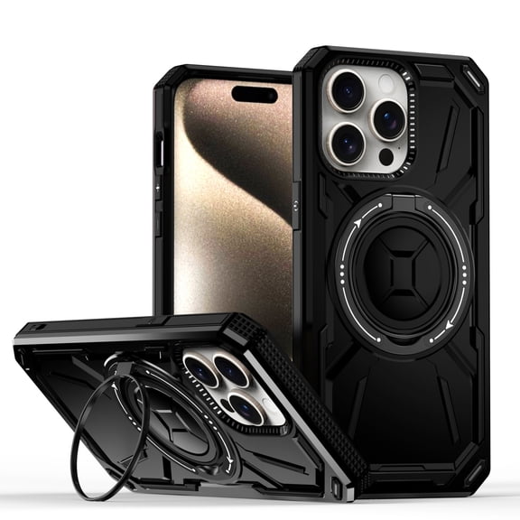 Armor Magnetic Stand for iPhone 17e / 16e Case, Compatible with MagSafe Kickstand [360° Rotating Ring Rugged Tough, Military ShockProof Heavy Duty Protective] Phone Case - Black