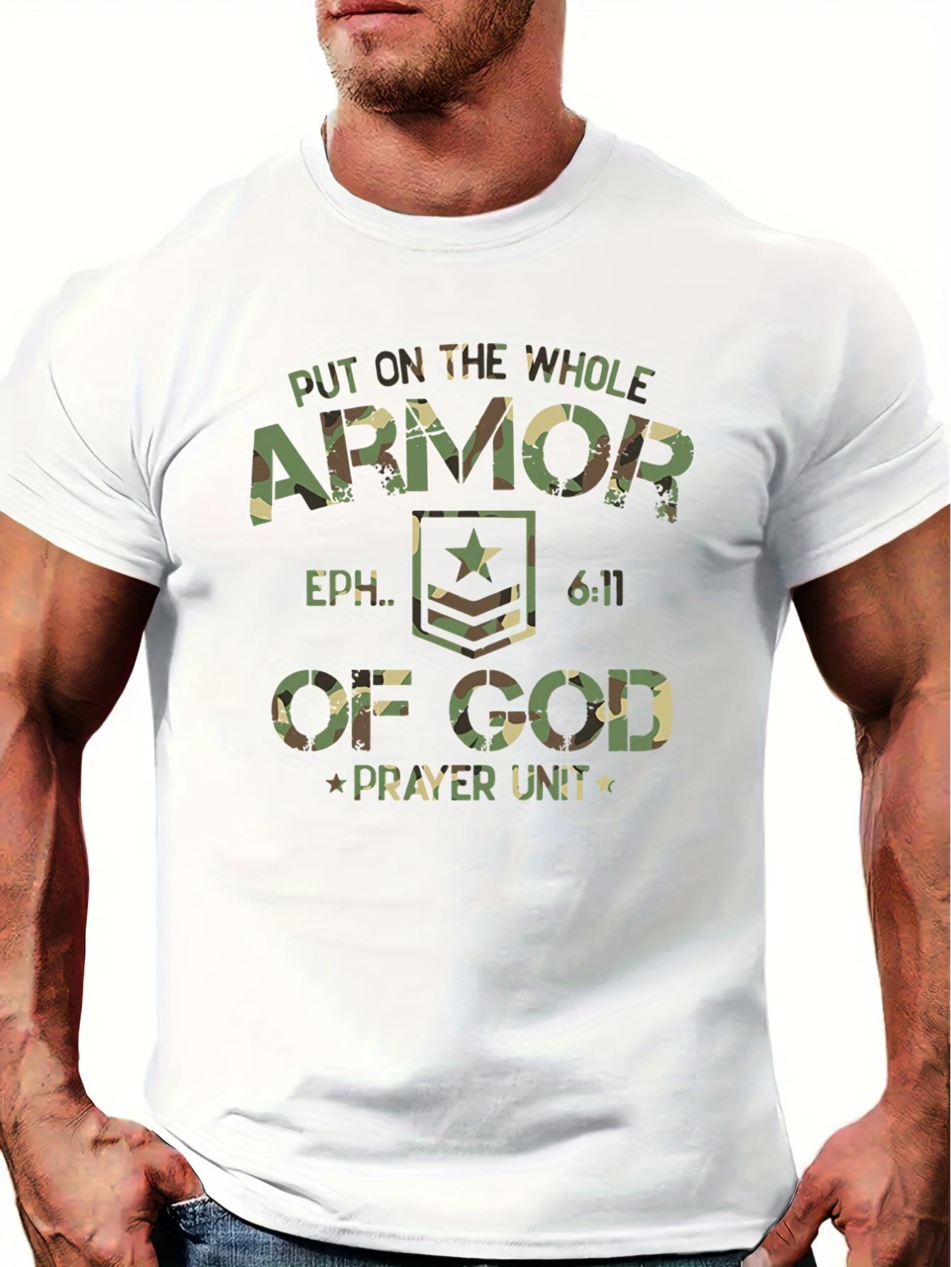Armor Of God Letter Pattern Print Men's Comfy Chic T-shirt, Graphic Tee ...