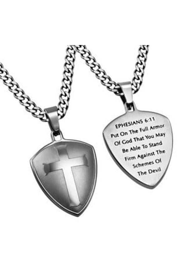 Armor Of God Shield Cross Necklace, Silver